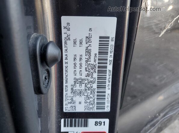 3TMCZ5AN4LM334592 2020 TOYOTA TACOMA Gray Շարժիչի բաժամունքի տեսք