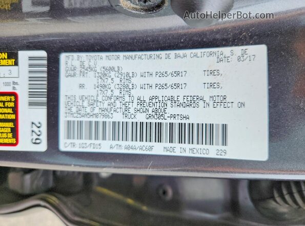 3TMCZ5AN5HM079863 2017 TOYOTA TACOMA Gray Вид підкапотного простору