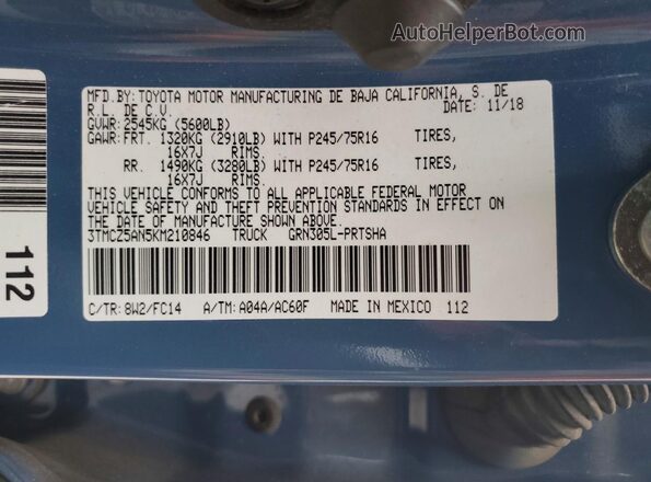 3TMCZ5AN5KM210846 2019 TOYOTA TACOMA Blue Vista del compartimento del motor