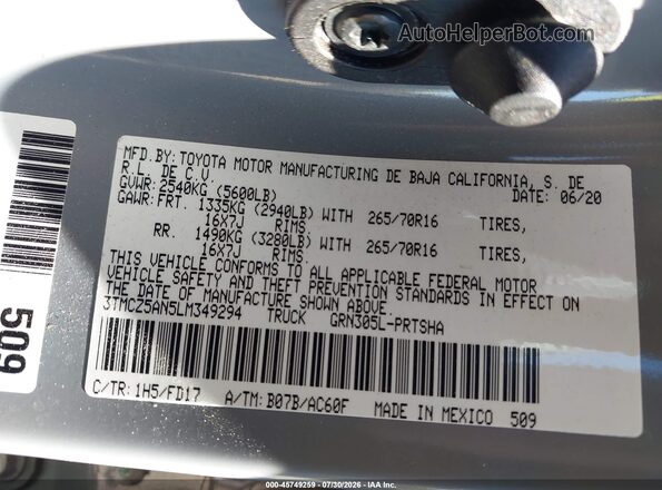 3TMCZ5AN5LM349294 2020 TOYOTA TACOMA Gray Widok komory silnika