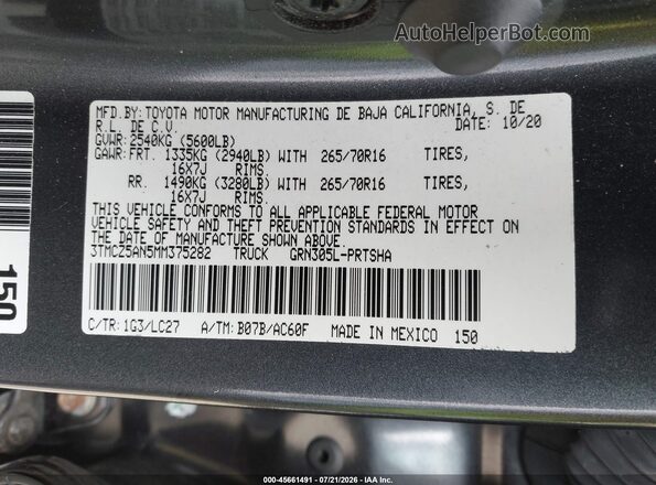 3TMCZ5AN5MM375282 2021 TOYOTA TACOMA Gray Շարժիչի բաժամունքի տեսք