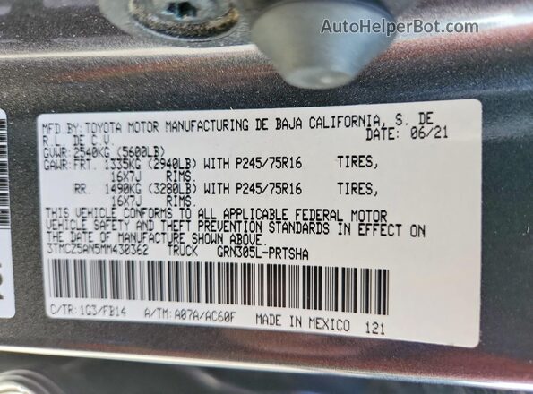 3TMCZ5AN5MM430362 2021 TOYOTA TACOMA Charcoal Շարժիչի բաժամունքի տեսք