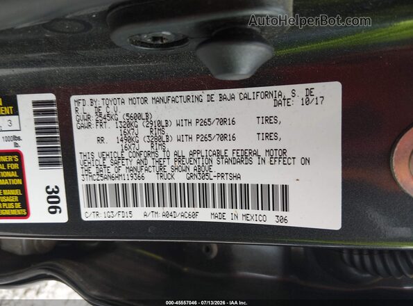 3TMCZ5AN6HM119366 2017 TOYOTA TACOMA Gray Vista del compartimento del motor