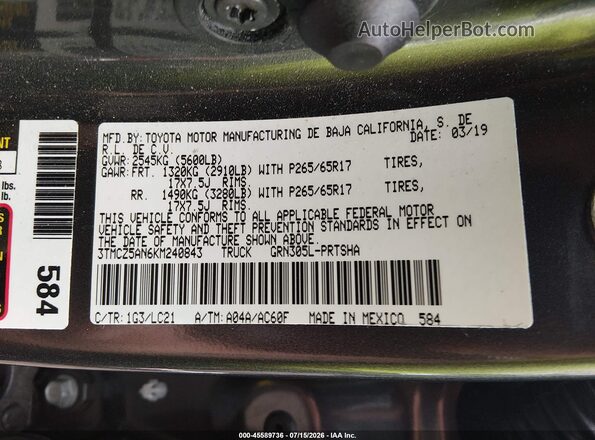 3TMCZ5AN6KM240843 2019 TOYOTA TACOMA Gray Vista del compartimento del motor