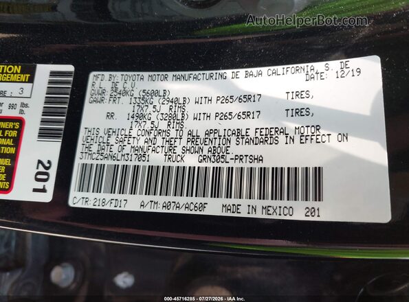 3TMCZ5AN6LM317051 2020 TOYOTA TACOMA Black Շարժիչի բաժամունքի տեսք