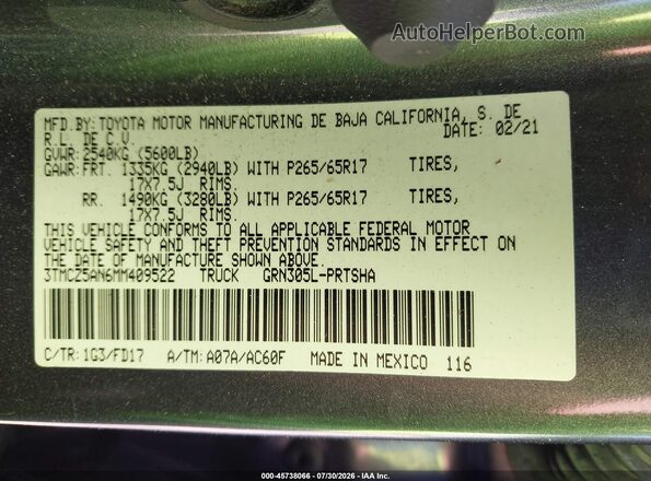 3TMCZ5AN6MM409522 2021 TOYOTA TACOMA Gray ძრავის განყოფილების ხედი