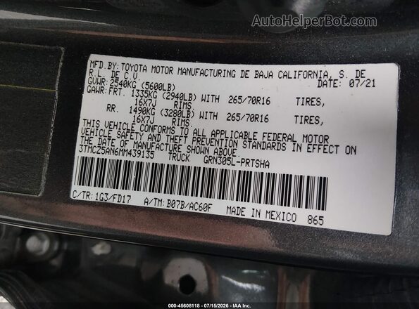 3TMCZ5AN6MM439135 2021 TOYOTA TACOMA Серый Вид подкапотного пространства