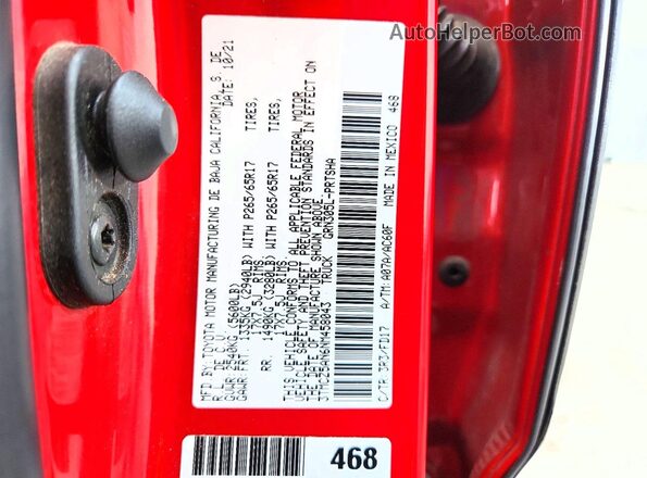 3TMCZ5AN6NM458043 2022 TOYOTA TACOMA Red Вид наклейки з VIN-кодом