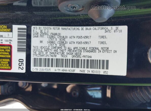 3TMCZ5AN7JM174690 2018 TOYOTA TACOMA Black Շարժիչի բաժամունքի տեսք