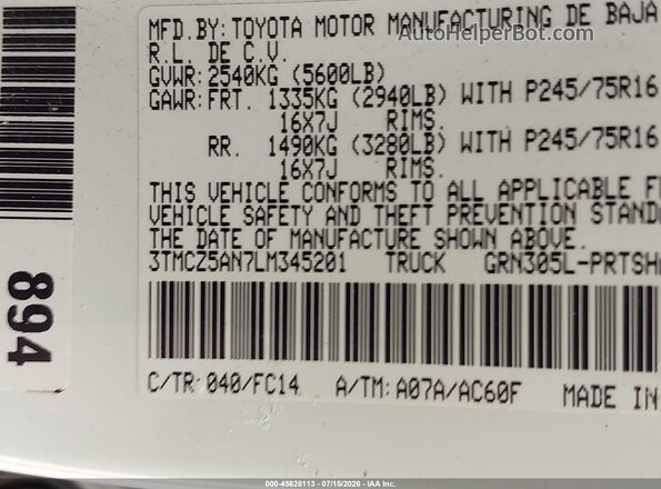 3TMCZ5AN7LM345201 2020 TOYOTA TACOMA White ძრავის განყოფილების ხედი