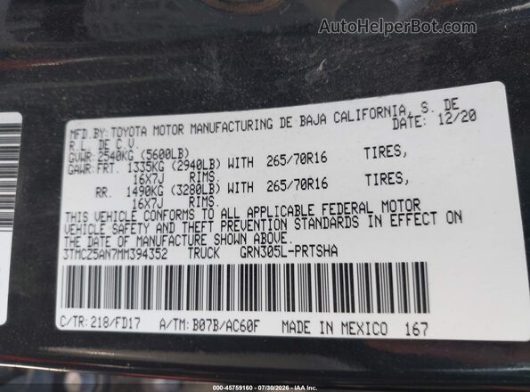 3TMCZ5AN7MM394352 2021 TOYOTA TACOMA Черный Вид подкапотного пространства