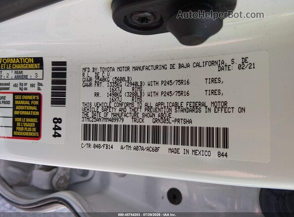 3TMCZ5AN7MM409979 2021 TOYOTA TACOMA White Շարժիչի բաժամունքի տեսք