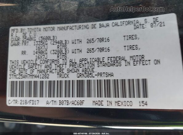 3TMCZ5AN7MM441282 2021 TOYOTA TACOMA Black Vista del compartimento del motor