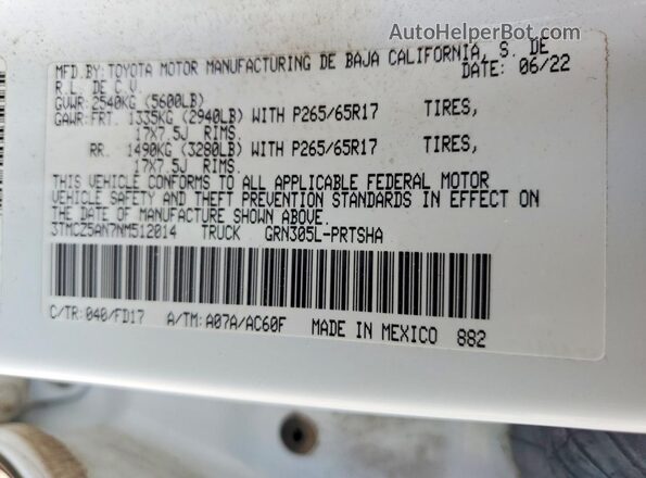3TMCZ5AN7NM512014 2022 TOYOTA TACOMA White VIN კოდის სტიკერის ხედი