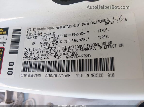 3TMCZ5AN8HM059476 2017 TOYOTA TACOMA White Vista del compartimento del motor