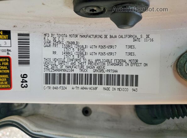3TMCZ5AN8HM062104 2017 TOYOTA TACOMA White Շարժիչի բաժամունքի տեսք