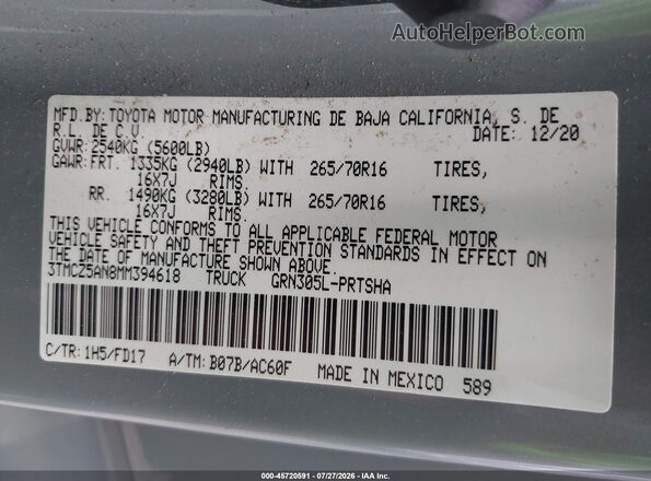 3TMCZ5AN8MM394618 2021 TOYOTA TACOMA Gray Vista del compartimento del motor