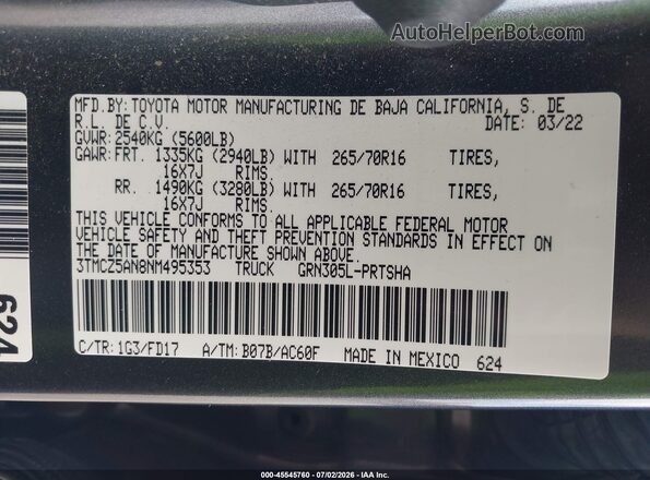 3TMCZ5AN8NM495353 2022 TOYOTA TACOMA Gray Widok komory silnika