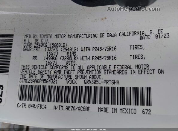 3TMCZ5AN8PM564321 2023 TOYOTA TACOMA White Շարժիչի բաժամունքի տեսք