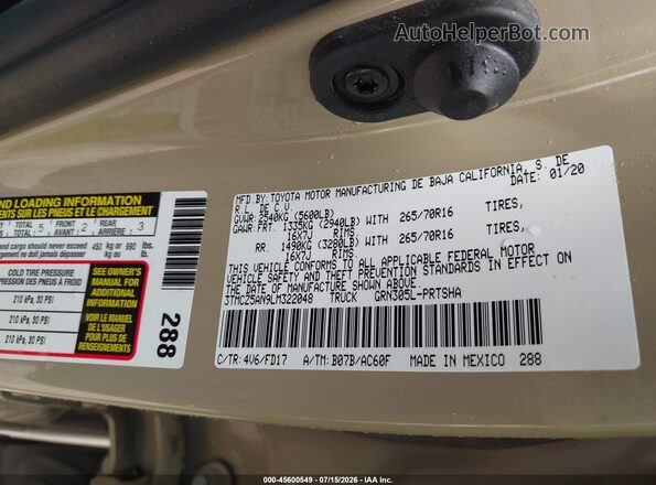 3TMCZ5AN9LM322048 2020 TOYOTA TACOMA Beige Widok komory silnika