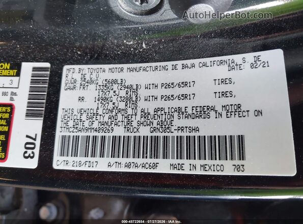 3TMCZ5AN9MM409269 2021 TOYOTA TACOMA Черный Вид подкапотного пространства