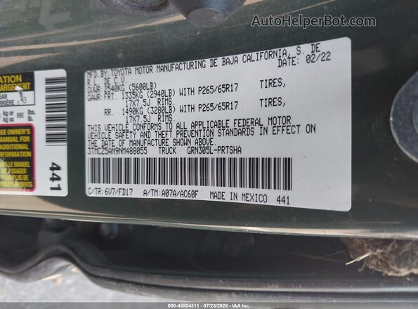 3TMCZ5AN9NM488055 2022 TOYOTA TACOMA Зеленый Вид подкапотного пространства