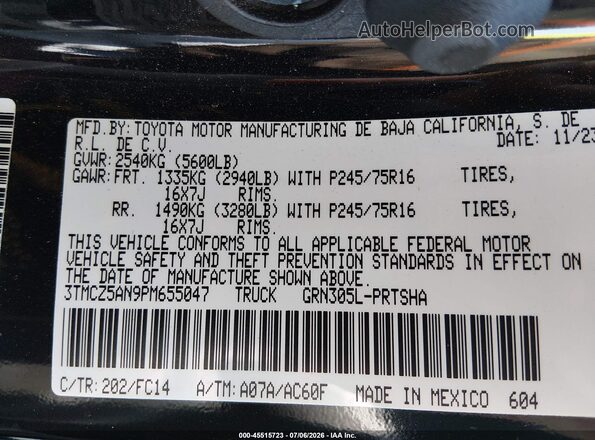 3TMCZ5AN9PM655047 2023 TOYOTA TACOMA Black Engine compartment view
