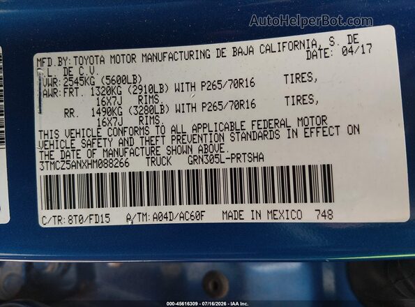 3TMCZ5ANXHM088266 2017 TOYOTA TACOMA Blue Շարժիչի բաժամունքի տեսք