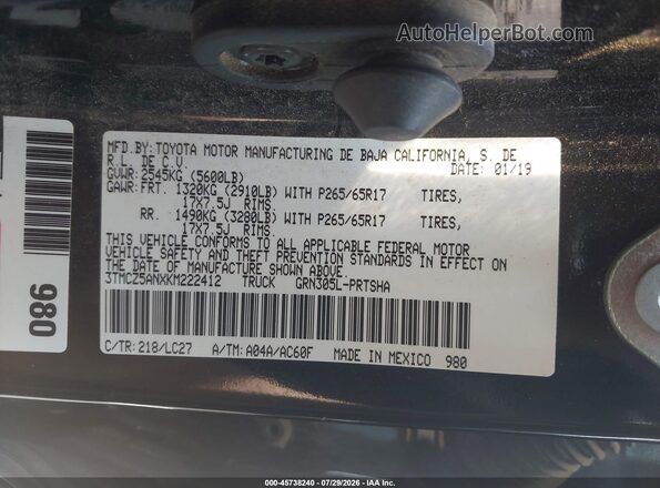 3TMCZ5ANXKM222412 2019 TOYOTA TACOMA Black ძრავის განყოფილების ხედი