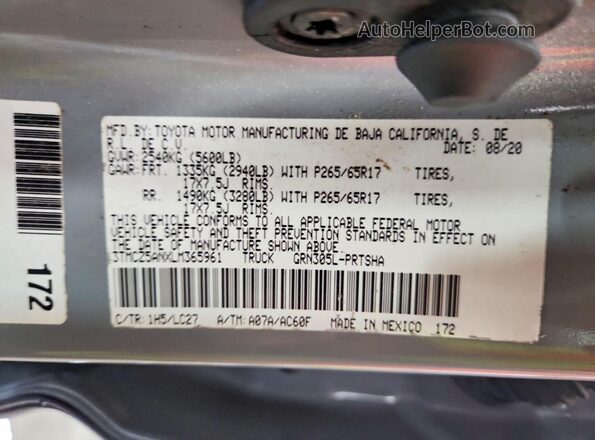 3TMCZ5ANXLM365961 2020 TOYOTA TACOMA Gray VIN sticker view