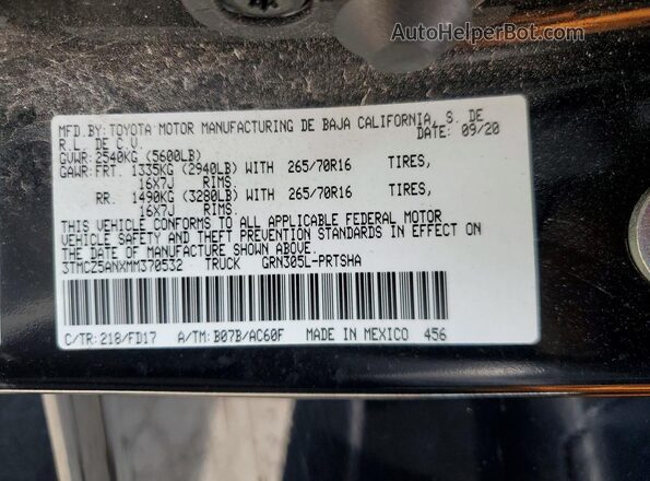 3TMCZ5ANXMM370532 2021 TOYOTA TACOMA Black Vista de la etiqueta del VIN