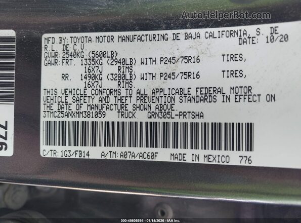 3TMCZ5ANXMM381059 2021 TOYOTA TACOMA Gray Вид підкапотного простору