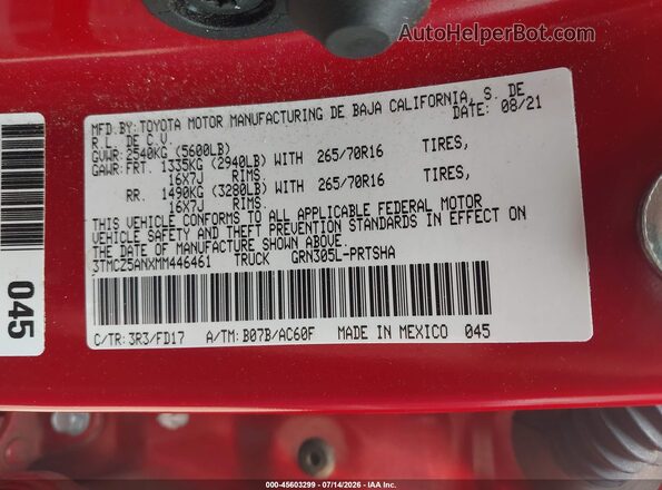 3TMCZ5ANXMM446461 2021 TOYOTA TACOMA Красный Вид подкапотного пространства