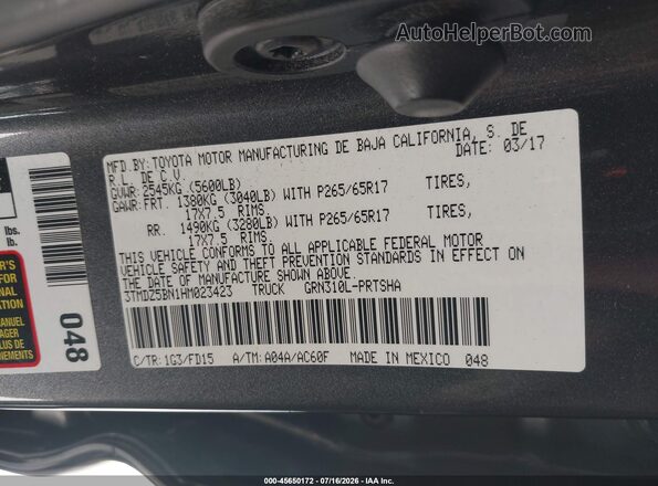 3TMDZ5BN1HM023423 2017 TOYOTA TACOMA Gray Engine compartment view