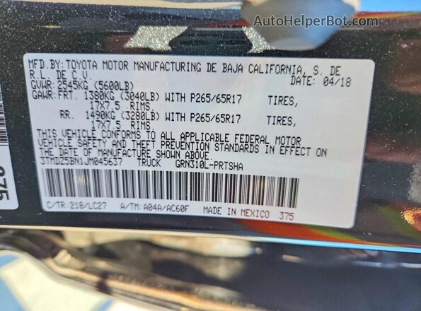 3TMDZ5BN1JM045637 2018 TOYOTA TACOMA Black Vista del compartimento del motor