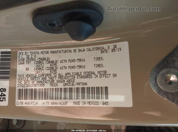 3TMDZ5BN1KM071995 2019 TOYOTA TACOMA Tan Вид підкапотного простору