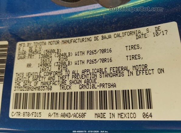 3TMDZ5BN2HM035760 2017 TOYOTA TACOMA Blue Engine compartment view