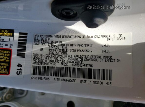 3TMDZ5BN2KM073383 2019 TOYOTA TACOMA White Вид підкапотного простору