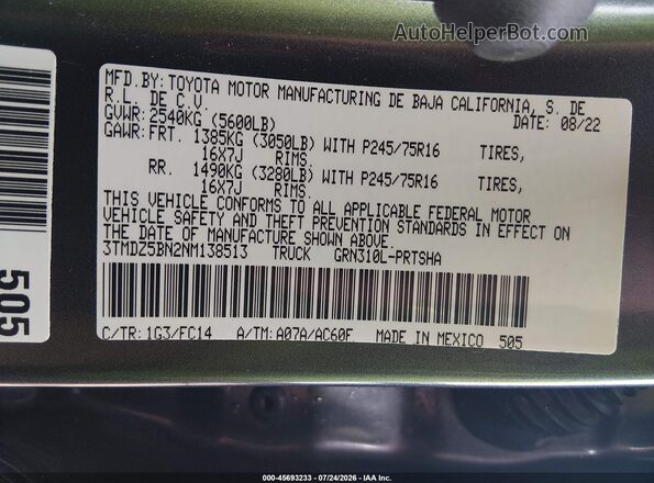 3TMDZ5BN2NM138513 2022 TOYOTA TACOMA Black Widok komory silnika