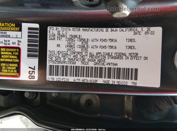 3TMDZ5BN2NM139368 2022 TOYOTA TACOMA Gray Vista del compartimento del motor