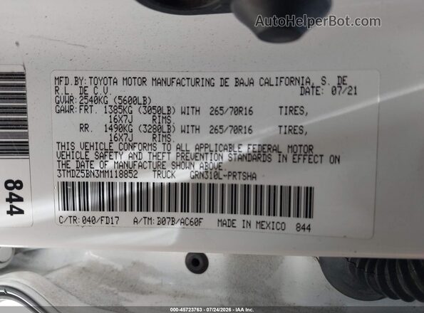 3TMDZ5BN3MM118852 2021 TOYOTA TACOMA White Вид підкапотного простору