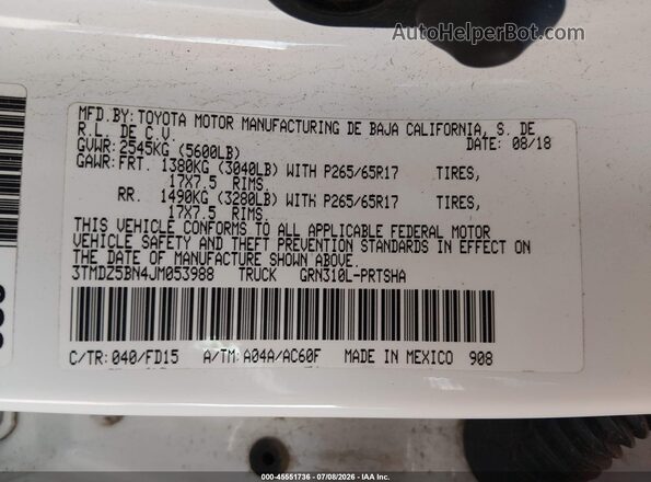3TMDZ5BN4JM053988 2018 TOYOTA TACOMA White Vista del compartimento del motor