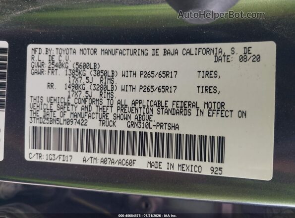 3TMDZ5BN5LM097422 2020 TOYOTA TACOMA Gray Вид підкапотного простору