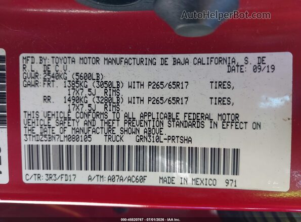3TMDZ5BN7LM080105 2020 TOYOTA TACOMA Red Engine compartment view