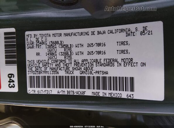 3TMDZ5BN7MM113556 2021 TOYOTA TACOMA Green Engine compartment view