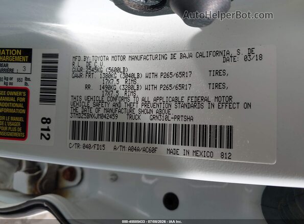3TMDZ5BNXJM042459 2018 TOYOTA TACOMA White Engine compartment view