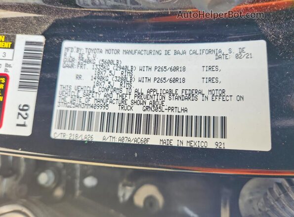 3TMGZ5AN3MM409995 2021 TOYOTA TACOMA Black ძრავის განყოფილების ხედი