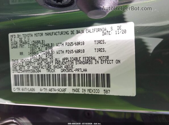 3TMGZ5AN9MM386304 2021 TOYOTA TACOMA Green Vista del compartimento del motor