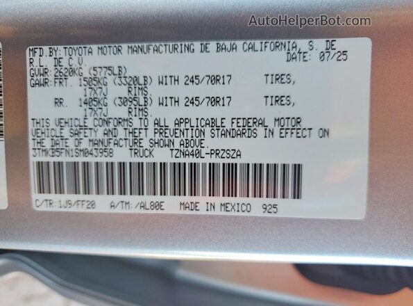3TMKB5FN1SM043958 2025 TOYOTA TACOMA Silver Շարժիչի բաժամունքի տեսք