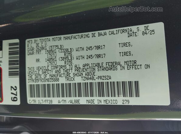 3TMKB5FN3SM035800 2025 TOYOTA TACOMA Gray Вид підкапотного простору